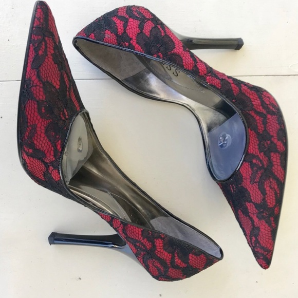 GUESS Black LACE HEELS RED pumps formal PROM 9.5 - Picture 2 of 6